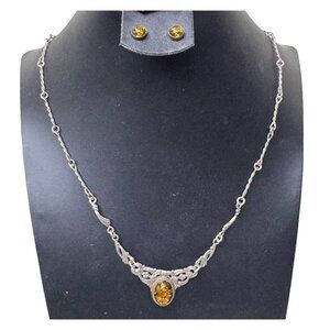 Vintage Baltic Amber Art Deco Sterling Silver Necklace & Pierced Earring Set 18"